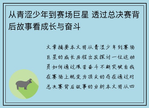 从青涩少年到赛场巨星 透过总决赛背后故事看成长与奋斗