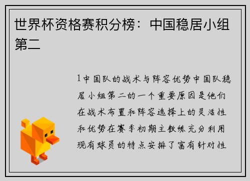 世界杯资格赛积分榜：中国稳居小组第二