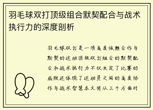 羽毛球双打顶级组合默契配合与战术执行力的深度剖析 羽毛球双打顶级组合默契配合与战术执行力的深度剖析